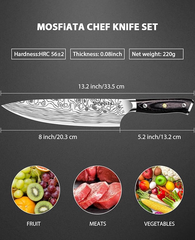 MOSFiATA 8" Super Sharp Professional Chef's Knife with Finger Guard and Knife Sharpener, German High Carbon Stainless Steel EN1.4116 with Micarta Handle and Gift Box