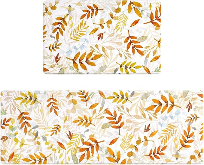 SHACOS Fall Anti Fatigue Kitchen Mat 2 Pcs Autumn Orange Leaves Maple Leaf Non Slip Cushioned Kitchen Floor Mats Ergonomic Standing Mat Fall Decor 17x27.5+17x47