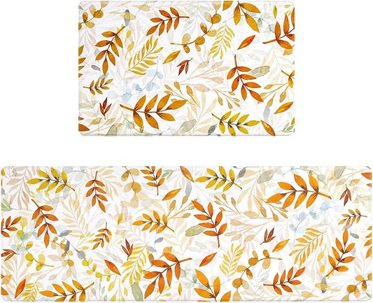 SHACOS Fall Anti Fatigue Kitchen Mat 2 Pcs Autumn Orange Leaves Maple Leaf Non Slip Cushioned Kitchen Floor Mats Ergonomic Standing Mat Fall Decor 17x27.5+17x47