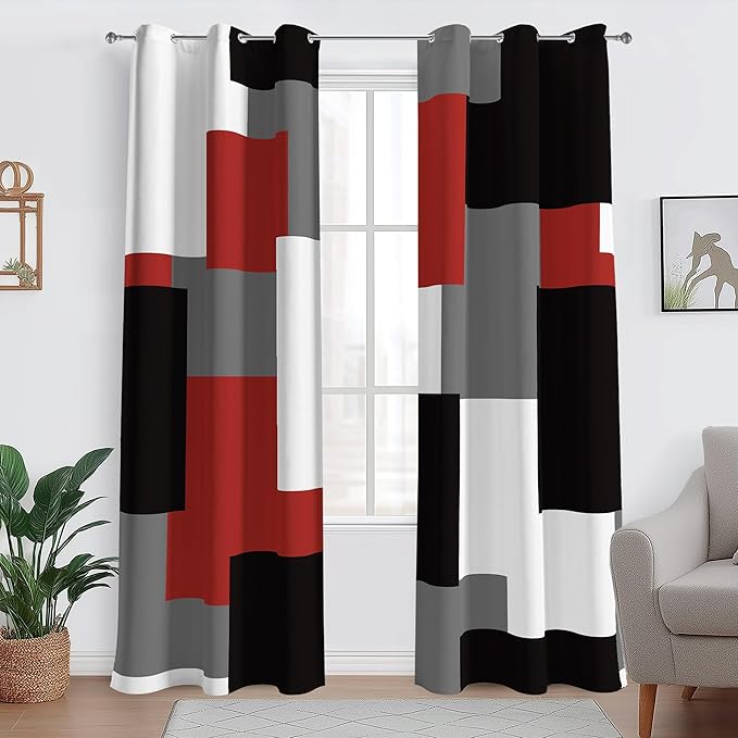 Red Black 100% Blackout Curtains for Bedroom 96 inch Length 2 Panels Set White Grey Modern Abstract Geometric Black Out Curtains Insulated Room Darkening Window Drapes for Living Room, 42Wx96L