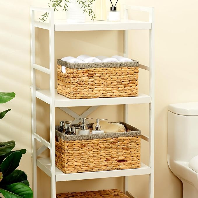 Wicker Baskets for Storage 2 Pack, Water Hyacinth Storage Baskets with Built-in Handles, Large Wicker Storage Baskets for Shelves & Organizing, Natural with Grey, Size L & M