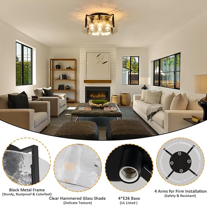 Black Semi Flush Mount Ceiling Light Fixture, 4-Light Modern Hallway Light Fixtures Ceiling Mount, Foyer Kitchen Lighting Fixtures Ceiling Lights for Bedroom, Bathroom, Laundry Room, Entryway, Hallway