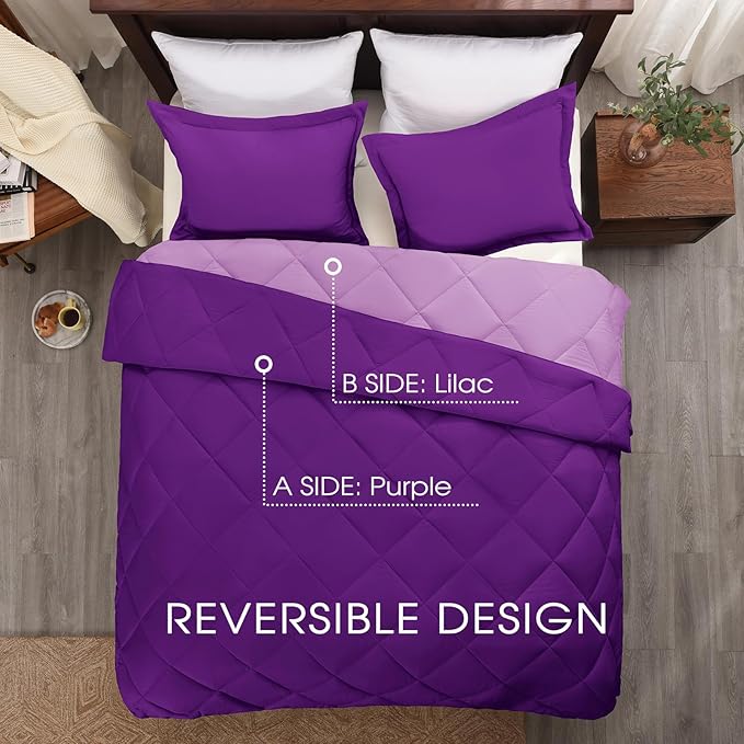 Basic Beyond King Comforter - Purple Reversible Bed Comforter + 2 Pillow Shams (104"x92", 20"x36")