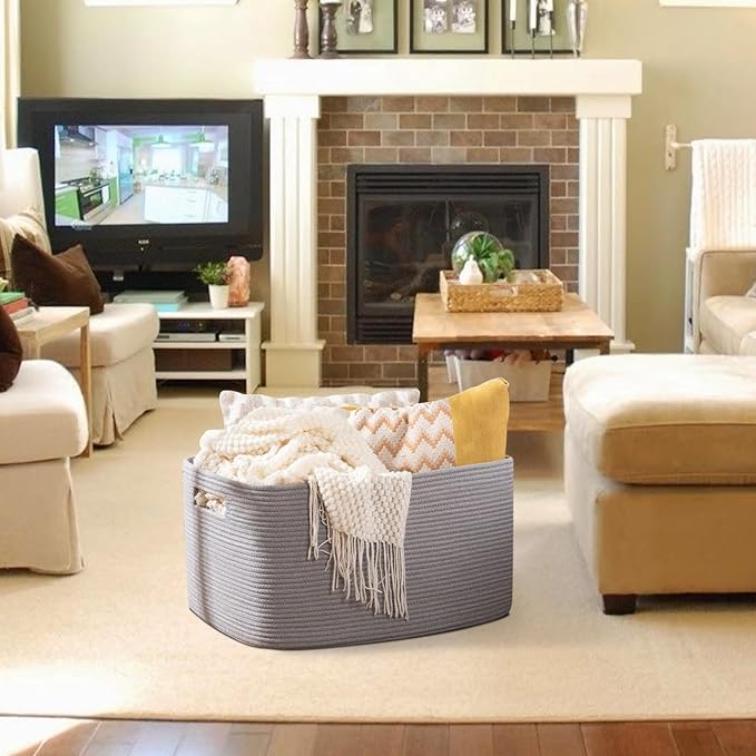 OIAHOMY 75L Large Blanket Basket, Woven Blanket Storage Basket with Handle, Cotton Rope Basket for Organizing 22”x17”x12”, Blanket Basket living Room, Toy Basket for Nursery, Grey