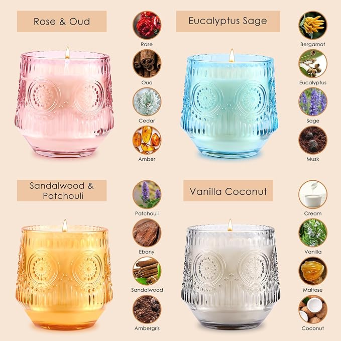 4 Pack Luxury Scented Candles Gift Set - 7oz Soy Wax Candles in Glass Jars, Gifts for Women - Vanilla Coconut, Eucalyptus Sage, Rose Oud, Sandalwood Patchouli