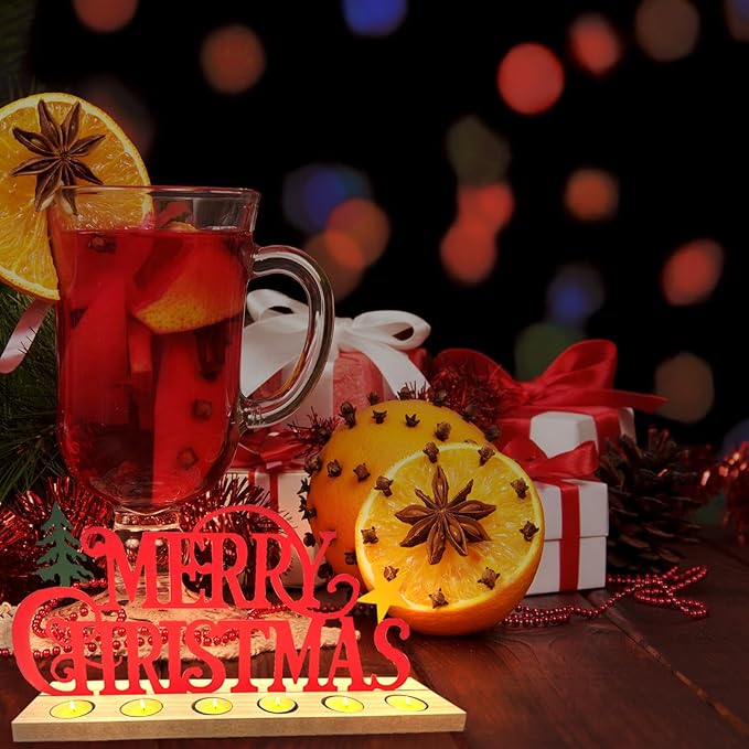 Merry Christmas Metal Sign Rustic Table Decorations with Wooden Base, Tiered Tray Decor with 18pcs Tealights, Table Centerpieces Metal Word Sign for Xmas Party Home Indoor Office Tabletop Mantel Shelf