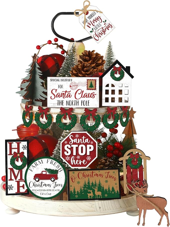 17 Pcs Christmas Tiered Tray Decor Set Winter Tiered Tray Decorations Farmhouse Tabletop Centerpiece Christmas Wooden 3D Sign for Xmas Home Buffalo Plaid Rustic Table Decoration(Fresh)