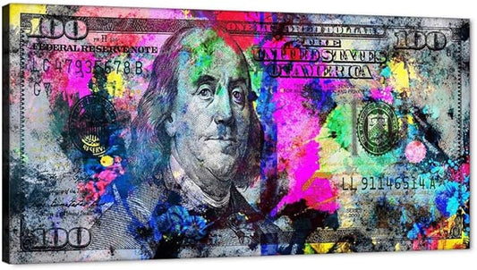 Abstract Creative Money Pop Art Print Contemporary Entrepreneur Inspirational 100 Bill Dollar Giclee Canvas Wall Art Painting Positive Modern Art for Bedroom Dinning Room Frame Easy to Hang-40"Wx20"H