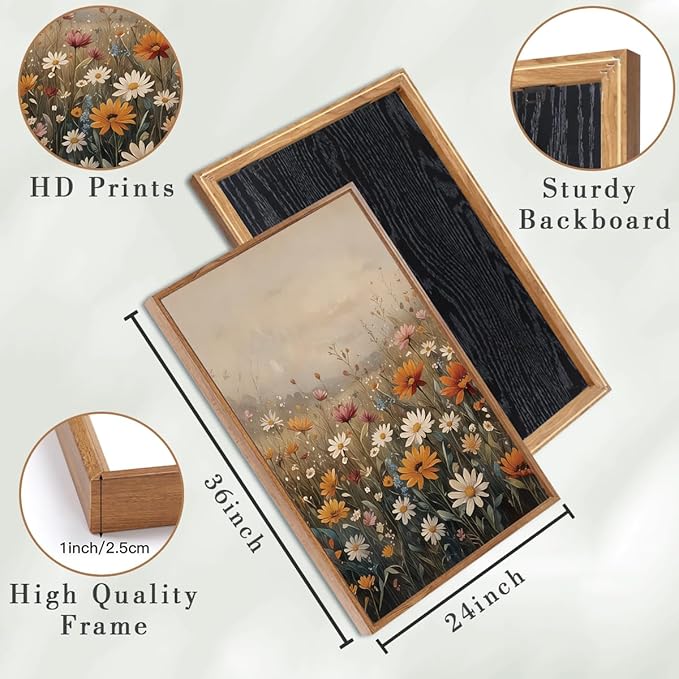 IARTTOP Large Vintage Wildflower Canvas Wall Art Framed 24x36x3 Misty Moody Botanical Art Prints Calming Nature Floral Landscape Wall Decor for Living Room Bedroom Office