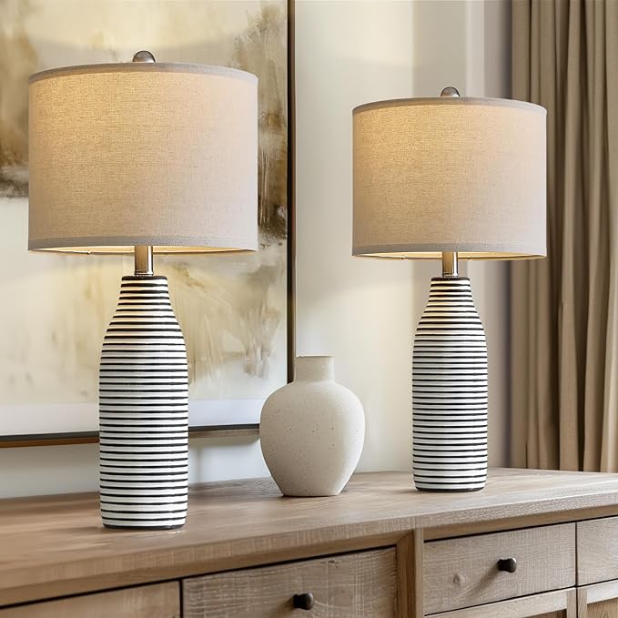 PORTRES 25" Ceramic Table Lamps Set of 2 Beside Lamps for Living Room Modern Bedroom Lamps for Night Stands with Rotary Switch Black and White Stripes