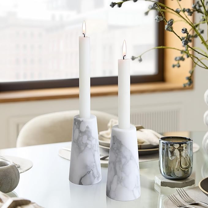 HofferRuffer Marble Candlestick Holders，Set of 2 Natural Stone Candle Holder Decorative Candle Stands for Wedding, Dinning, Party, Table Centerpieces, Fit 3/4'' Thick Taper Candles (White)