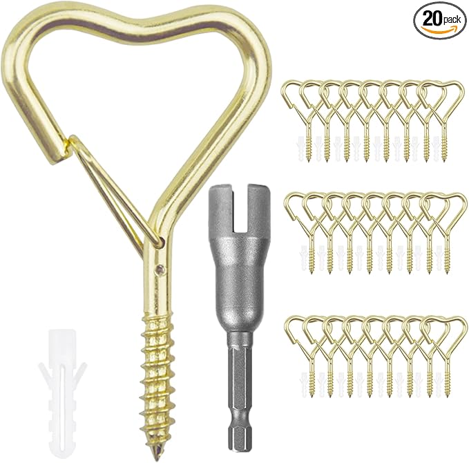 Lamp Wire Hook，Heart-Shaped Screw-in Wall Hooks for Outdoor Decor, Champagne Metal, Key Hook，Decorative Plant Hanging，Clothes Hook (Gold, 25Pcs)