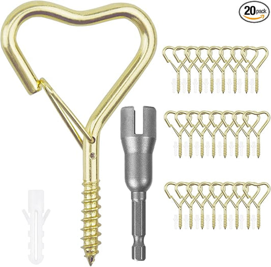 Lamp Wire Hook，Heart-Shaped Screw-in Wall Hooks for Outdoor Decor, Champagne Metal, Key Hook，Decorative Plant Hanging，Clothes Hook (Gold, 25Pcs)