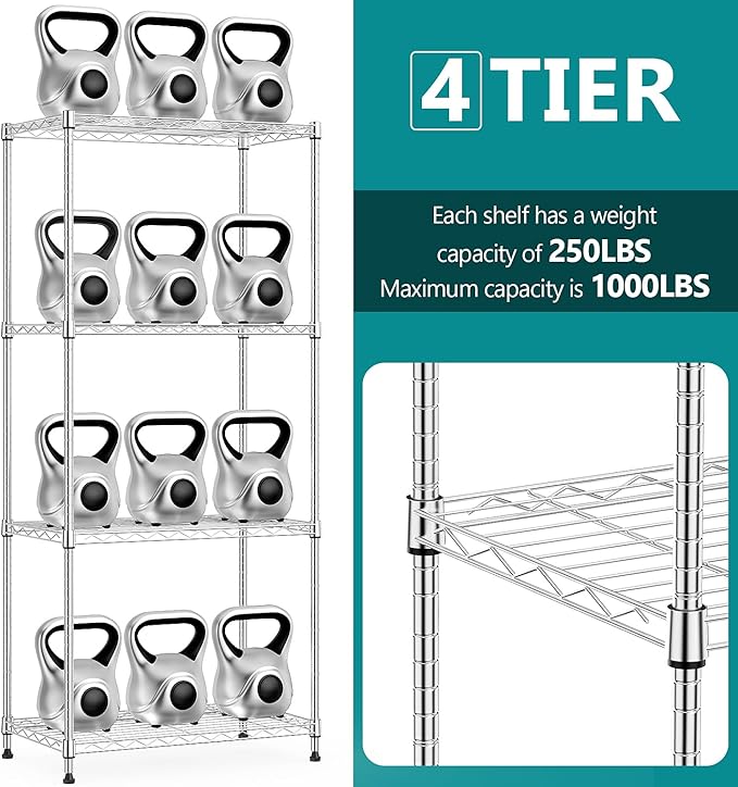 IZEUK 4-Tier Chrome Metal Storage Shelves, Adjustable Wire Shelving Unit Organizer for Kitchen, Bathroom, Home, 1000 lbs, 13.7" D x 23.6" W x 53.4" H