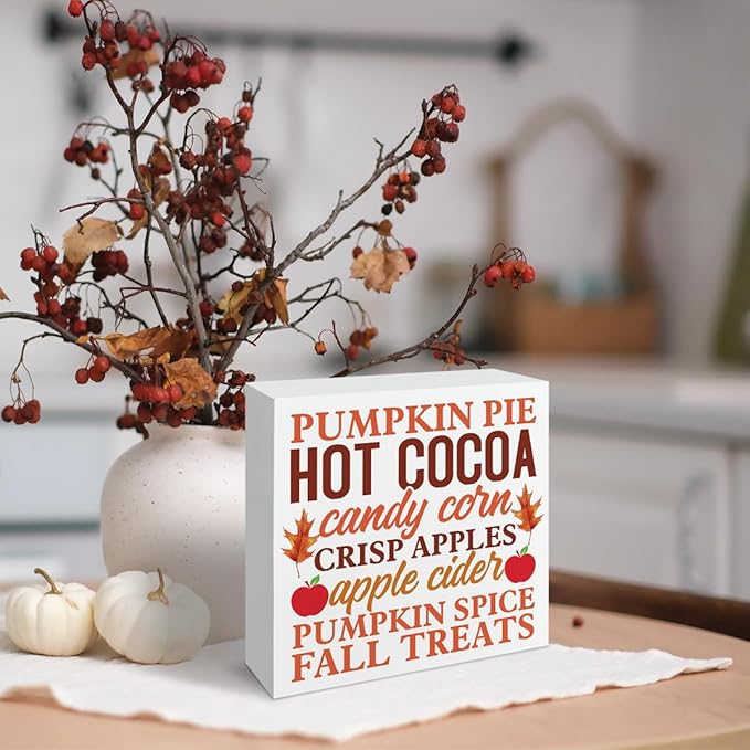 Fall Decor Sign, Autumn Artwork for Tabletop Decors, Farmhouse Autumn Home Decor, Thanksgiving Decoration, Table Shelf Decoration, Pumpkin Pie Hot Cocoa Candy Corn Crisp Apples Wood Signs A10