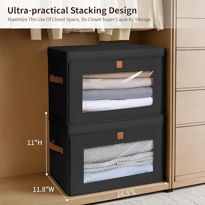 Collapsible Storage Bins - Large Stackable Organizer Bins, Decorative Boxes with Handles & Window, Fabric Containers for Living Room, Closet, Dorm, 2 Pack, Black