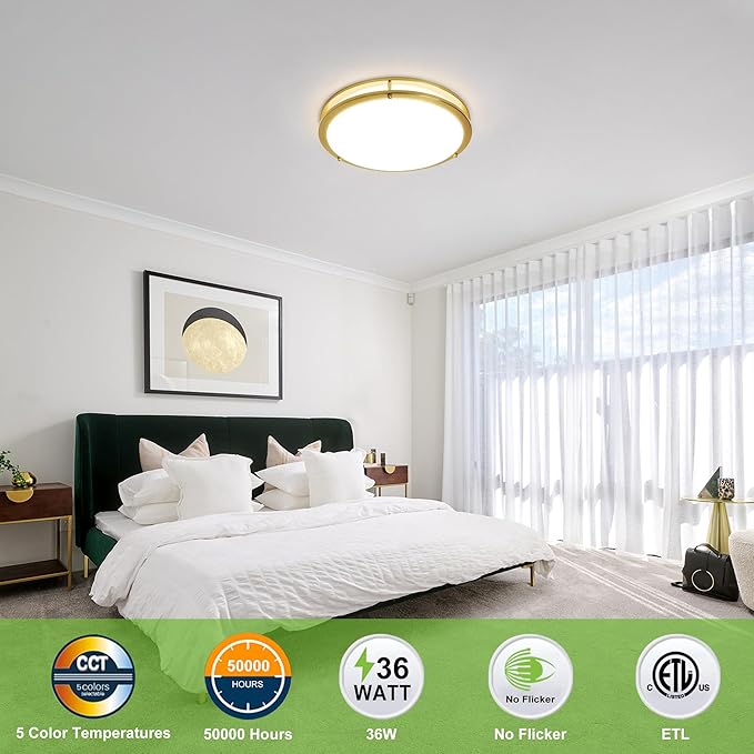hykolity 16 inch Dimmable LED Flush Mount Ceiling Light Fixture, Gold, 36W, 2200LM, 2.7/3/3.5/4K/5K Adjustbale, 120°Light Angle, CRI90, Ceiling Lamp for Bedroom, Kitchen, Office, ETL Listed