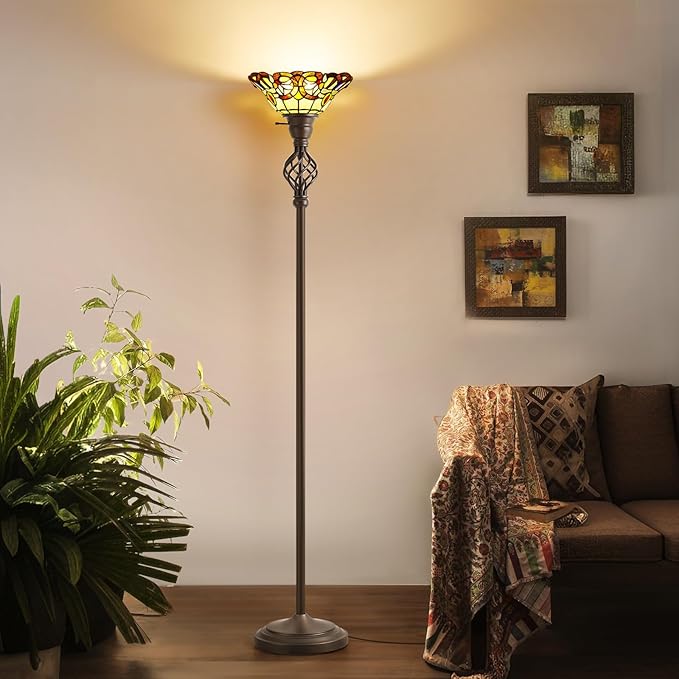 GyroVu Tiffany Floor Lamp, Torchiere Floor Lamps with Stained Glass, 71 Inch Tall Floor Standing Reading Light for Living Room Corner Bedroom Home Office, Bulbs Included