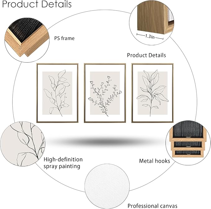WRFON Neutral Botanical Canvas Wall Art, Minimalist Black Line Flower Poster Prints, Boho Beige Floral Wall Decor, Abstract Plant Leaf Aesthetic Picture for Bedroom Living Room Framed 16"x24"x3