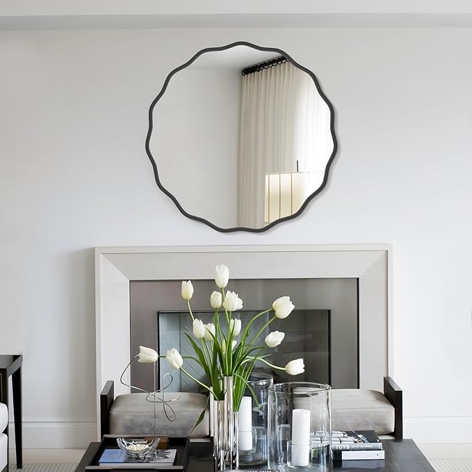 WallBeyond Round Wavy Mirror for Wall Decorative 28 inch, Modern Round Mirror Aluminum Frame for Bathroom Bedroom Living Room Home House Office Entryway, Black