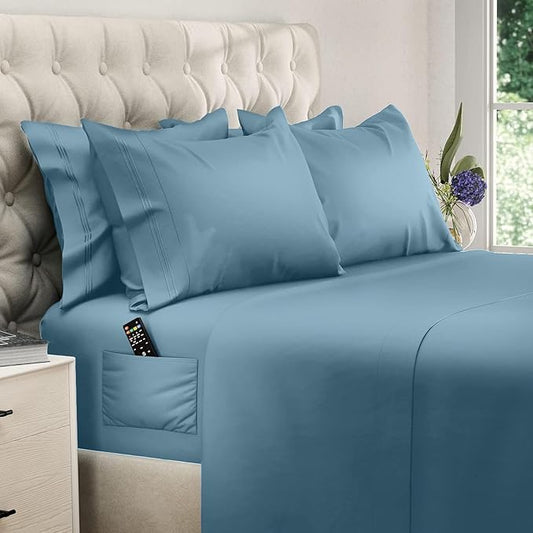 DREAMCARE Full Size Sheets Set - 6 Pcs Deep Pocket Cooling Bed Sheets - Soft, Long Lasting 100% Brushed Microfiber with Side Pocket (Mineral Blue, Full)