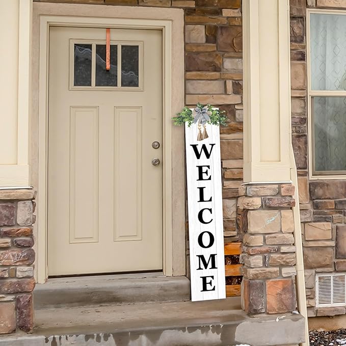 Outdoor Welcome Sign for Front Door Standing 47"X8" Large Farmhouse Wood Framed Tall Leaner Vertical Decor Rustic Home Outside Welcome Sign for Front Porch Decoration (White)