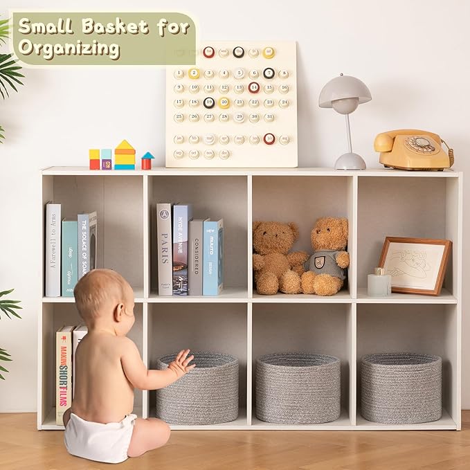 OIAHOMY Small Storage Baskets for Organizing,Closet Cube Shelf Storage, 9.8”×9.8”×7.1”, Woven Cotton Rope Gift Baskets for Nursery,Cute Dog Toy bins, Round 3 Packs, Grey