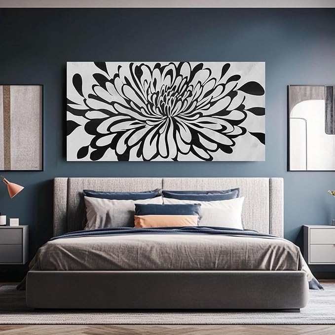 Modern Large Framed Artwork Black Line Art Flowers Painting on Canvas Office Home Wall Decor White Pictures 29x58 Inch Neutral Wall Art