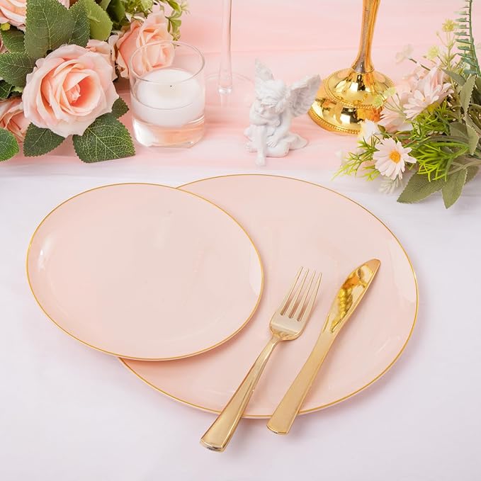 YOUBET 125PCS Pink Plastic Plates - Pink Disposable Plates With Gold Rim - Pinks and Gold Plates Include 25 Dinner Plates, 25 Dessert Plate, 75 Cutlery for Party Wedding Birthday