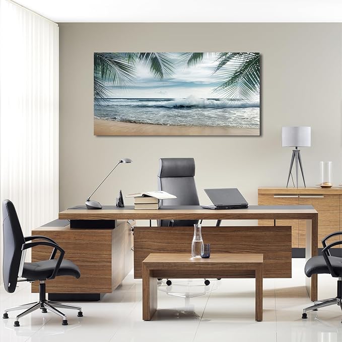 arteWOODS Tropical Beach Canvas Wall Art - Ocean Waves Pictures Coastal Oceanic Blue Sky and Sea Print Seaside Palm Tree Leaves Scene Painting Artwork Living Room Bedroom Office Home Decor 24" x 48"