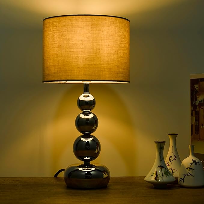 Small Modern Bedside Table Lamp, 7 x 7 x 13 Inch Farmhouse Table Lamps, Silver Metal Ball Table Lamp for Living Room Bedrooms and Office (Silver-Grey Fabric Lampshade)