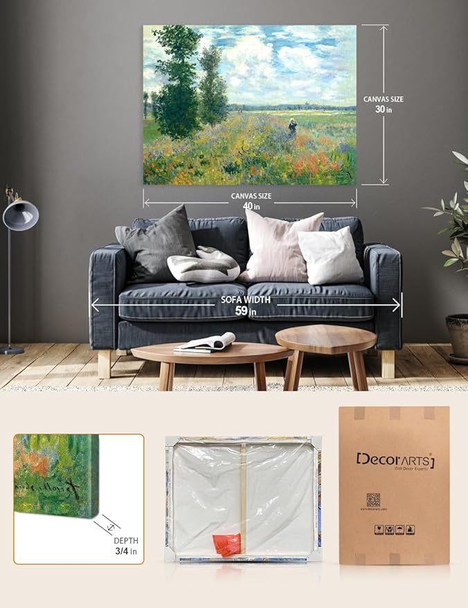 DECORARTS - Poppy Fields near Argenteuil by Claude Monet, Museum-Quality Giclee Canvas Print, Wall Art Reproduction, 40" W x 30" H, Made in USA