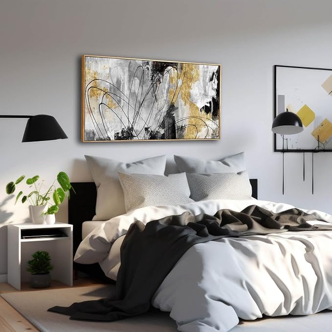 YJYart Line Art Wall Decor Black and Gold Wall Artwork 20"x40" Canvas Wall Art for Living Room Kitchen Wall Picture Ready to Hang