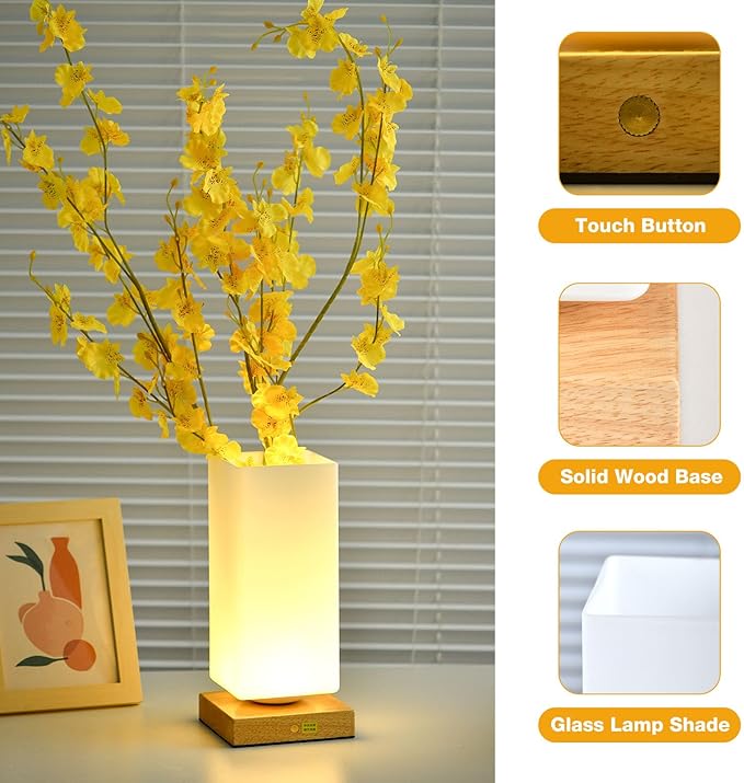 Vase Table Lamp Rechargeable Touch Lamp Dimmable 3 Colors Flower Lamp Bedside Lamp Frosted Glass Shade with Wood Base