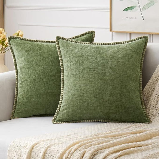 MIULEE Pack of 2 Couch Throw Pillow Covers 22x22 Inch Sage Green Farmhouse Decorative Pillow Covers with Stitched Edge Soft Chenille Solid Dyed Spring Pillow Covers for Sofa Bed Living Room