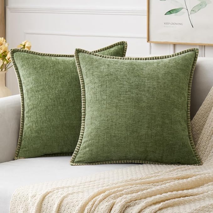 MIULEE Pack of 2 Couch Throw Pillow Covers 20x20 Inch Sage Green Farmhouse Decorative Pillow Covers with Stitched Edge Soft Chenille Solid Dyed Spring Pillow Covers for Sofa Bed Living Room