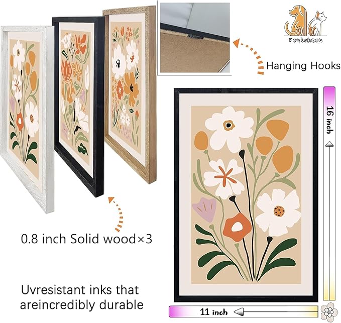 Boho Flowers Wall Art Sign Set of 3 16"x11" Mid Century Modern Minimalist Wooden Framed Abstract Flower for Vintage Living Room Bedroom Wall Hanging Decor (Black)