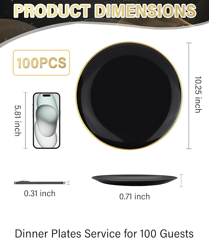 Nervure 100PCS Black and Gold Plastic Plates - 10.25 inch Black Disposable Plates - Gold Rim Dinner Plate - Black Dinner Plate Ideal for Wedding & Party & Halloween