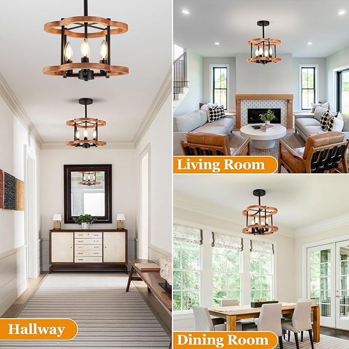 4-Light Rustic Semi Flush Mount Ceiling Light, 13" Farmhouse Wood Close to Ceiling Lighting with Black Metal Industrial Hallway Light Fixtures for Living Room Bedroom Dining Room Foyer Entryway