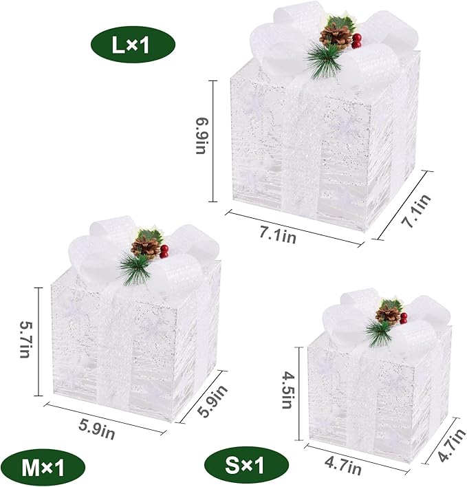 Christmas Lighted Gift Boxes with Snowflake Ornament, 3 Pack Pre-lit Present Boxes Set Battery Operated with Different Sizes for Holiday Indoor Outdoor Decorations (3 Pack) (Snowflake-2)