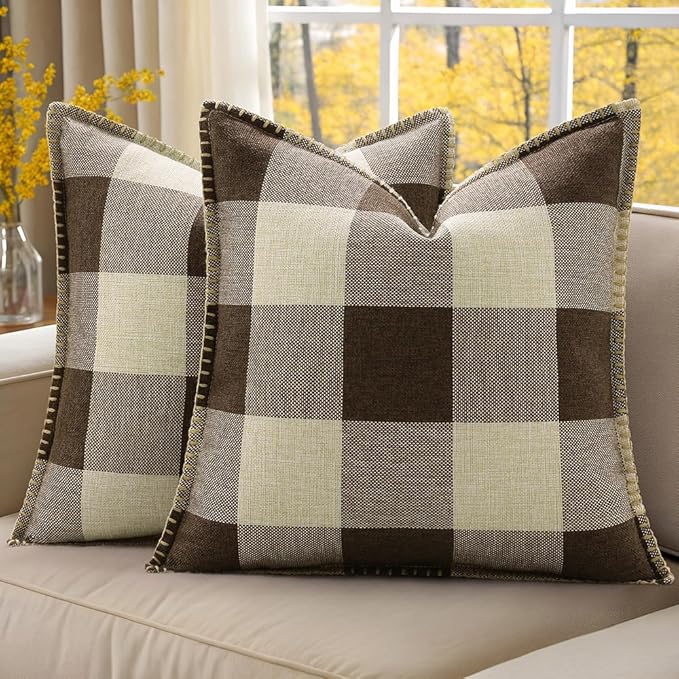 decorUhome Buffalo Plaid Check Throw Pillow Covers 20x20 Set of 2, Outdoor Linen Decorative Farmhouse Gingham Pillow Covers with Stitched Edge for Bed Couch Sofa, Brown and Beige