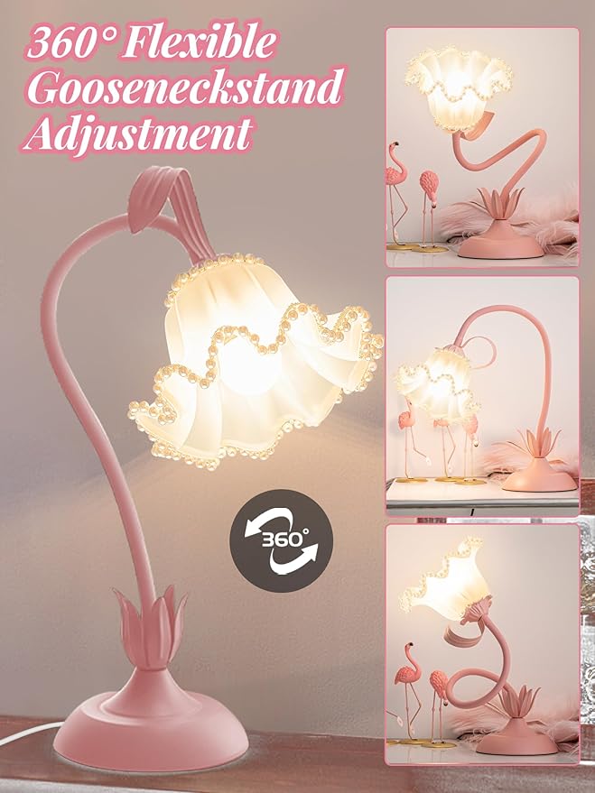 Flower Table Lamp Bedside Lamps LED Reading Light,3 Color Modes Cute Small Lamp,Vintage Flower Lamp Kawaii Table Lamp for Bedroom Living Room Office Dorm Desk Home Decor (Pearl Pink lamp)