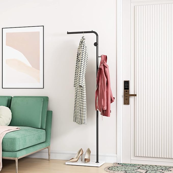 Black Coat Racks with White Base, Entryway Coats Racks Freestanding with 3 Hooks, L Shape Home Coat Hanger for Jackets, Coats, Hats, Clothes