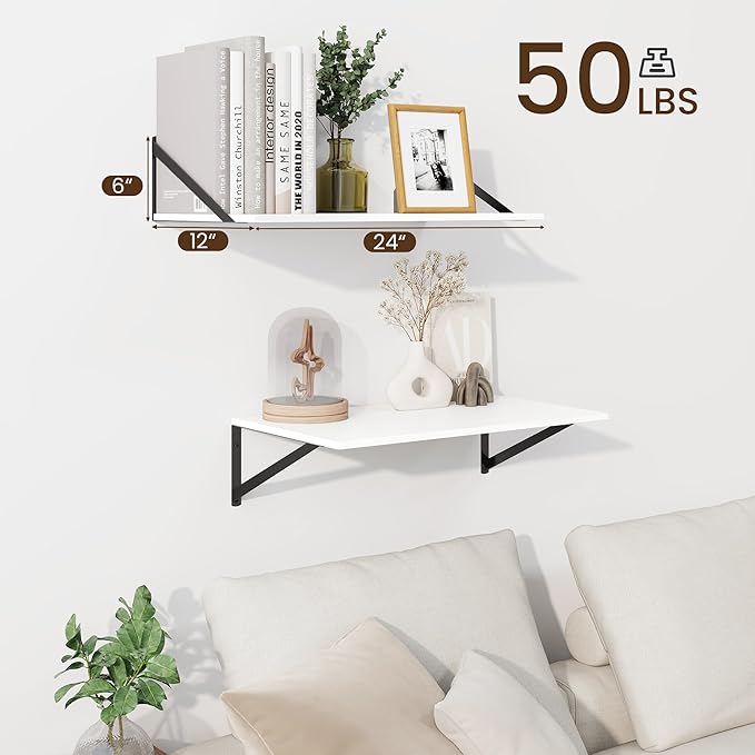 Fun Memories Floating Shelves for Wall, 12 Inch Deep Floating Shelves Set of 2, 24W x 12D Large Wall Shelf with Sturdy Metal Brackets for Living Room, Bathroom, Bedroom and Kitchen, White