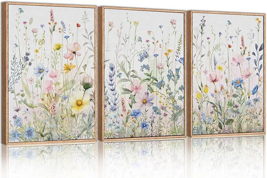HPINUB Colorful Flower Framed Canvas Wall Art Set, Watercolor Daisy Floral Wall Decor, Wildflower Green Leaf Wall Painting, Multicolour Botanical Art Print for Living Room, Bedroom, Office - 16"x24"x3