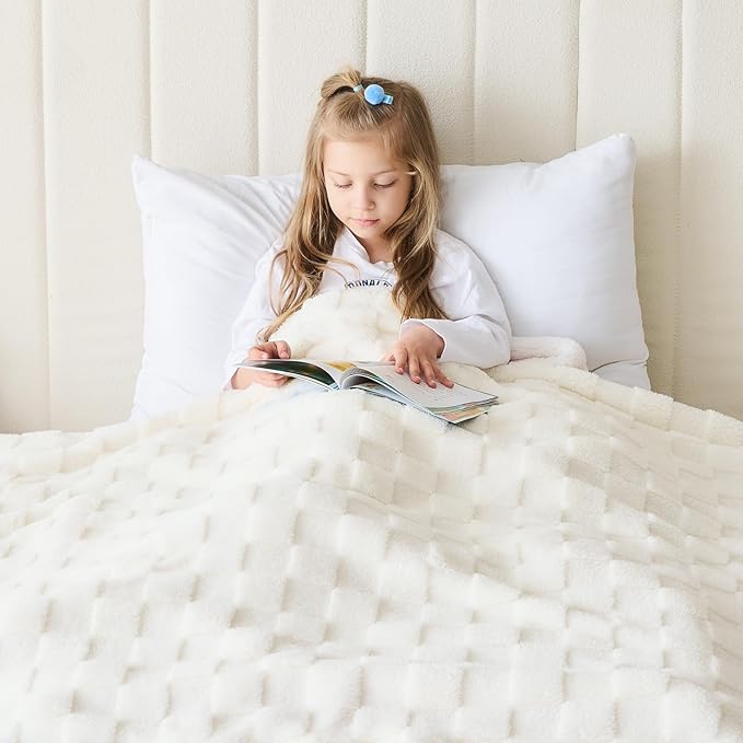 NEWCOSPLAY Super Soft Queen Blanket Ivory Premium Silky Flannel Fleece 3D Checkered Lightweight Bed Blanket All Season Use (Ivory Checkered, Queen(90"x90"))