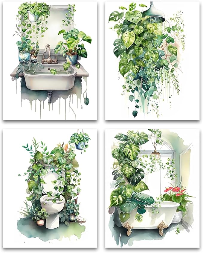 Botanical Bathroom Wall Art Prints,Botanical Boho Bathroom Decor Wall Art,Funny Green Eucalyptus Leaf Prints for Home Laundry Decoration Set of 4(8"x10"Unframed)