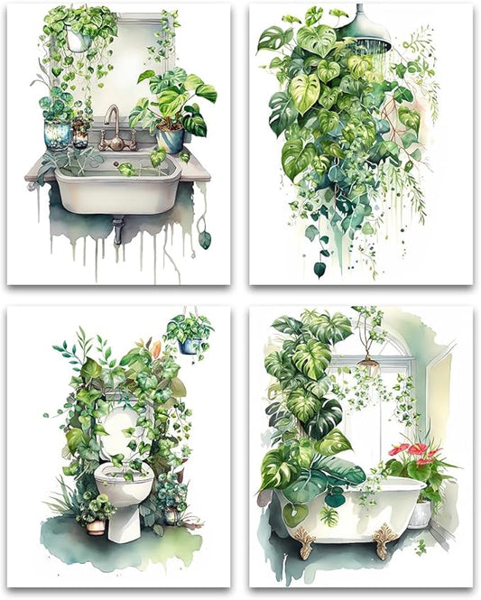Botanical Bathroom Wall Art Prints,Botanical Boho Bathroom Decor Wall Art,Funny Green Eucalyptus Leaf Prints for Home Laundry Decoration Set of 4(8"x10"Unframed)