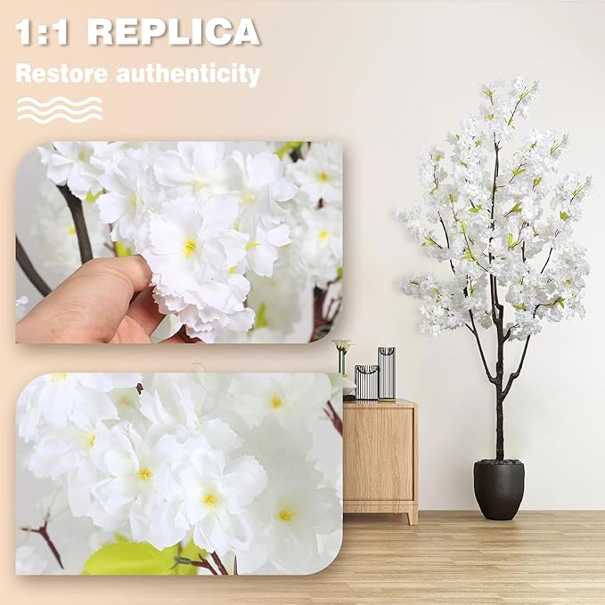 Faux White Cherry Blossom 6ft(72in) Artificial Floor Green Plant for Indoor Decor Natural Potted Tree with Texture Flowers Realistic Wood Trunk for Home Living Room,Office Perfect Housewarming Gift