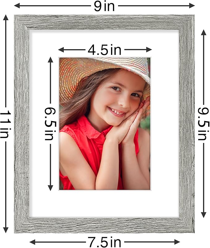 Vittanly 8x10 Picture Frames Set of 9, Shatter Resistant Plexiglass, Display 5x7 Pictures with Mat or 8x10 without Mat, Photo Frames for Wall or Tabletop, Engineered Wood, Grey